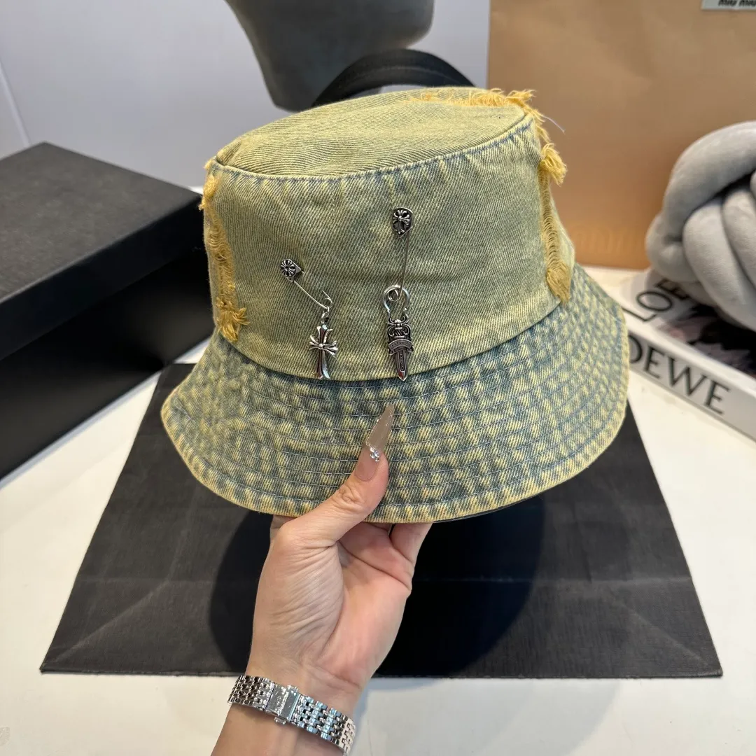 P60 Croxin spring and summer new denim fisherman hat, retro old street style, washed and torn edges, photo-taking item
